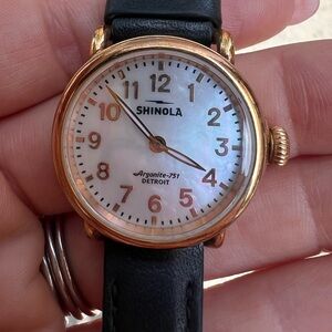 Shinola Runwell Watch - Gold Case Mother-of-Pearl Dial Black Leather Strap